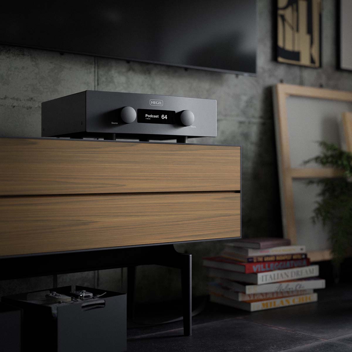 Hegel H400 Integrated Amplifier front view angled right close-up lifestyle shot of unit on cabinet