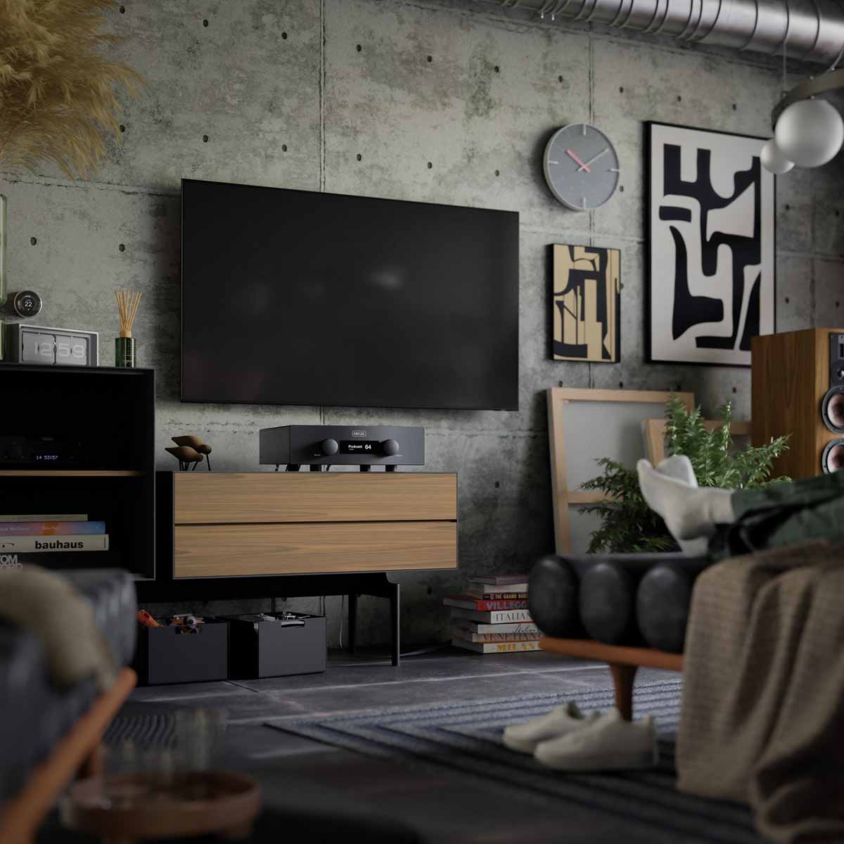 Hegel H400 Integrated Amplifier front view angled right lifestyle shot of unit on cabinet