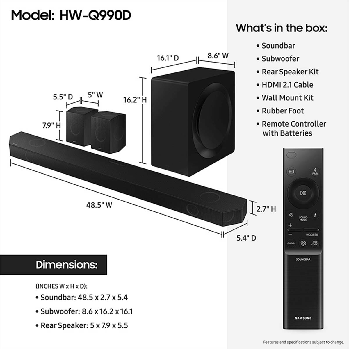 Samsung Q990D Wireless Dolby ATMOS Soundbar System - dimensions and box contents