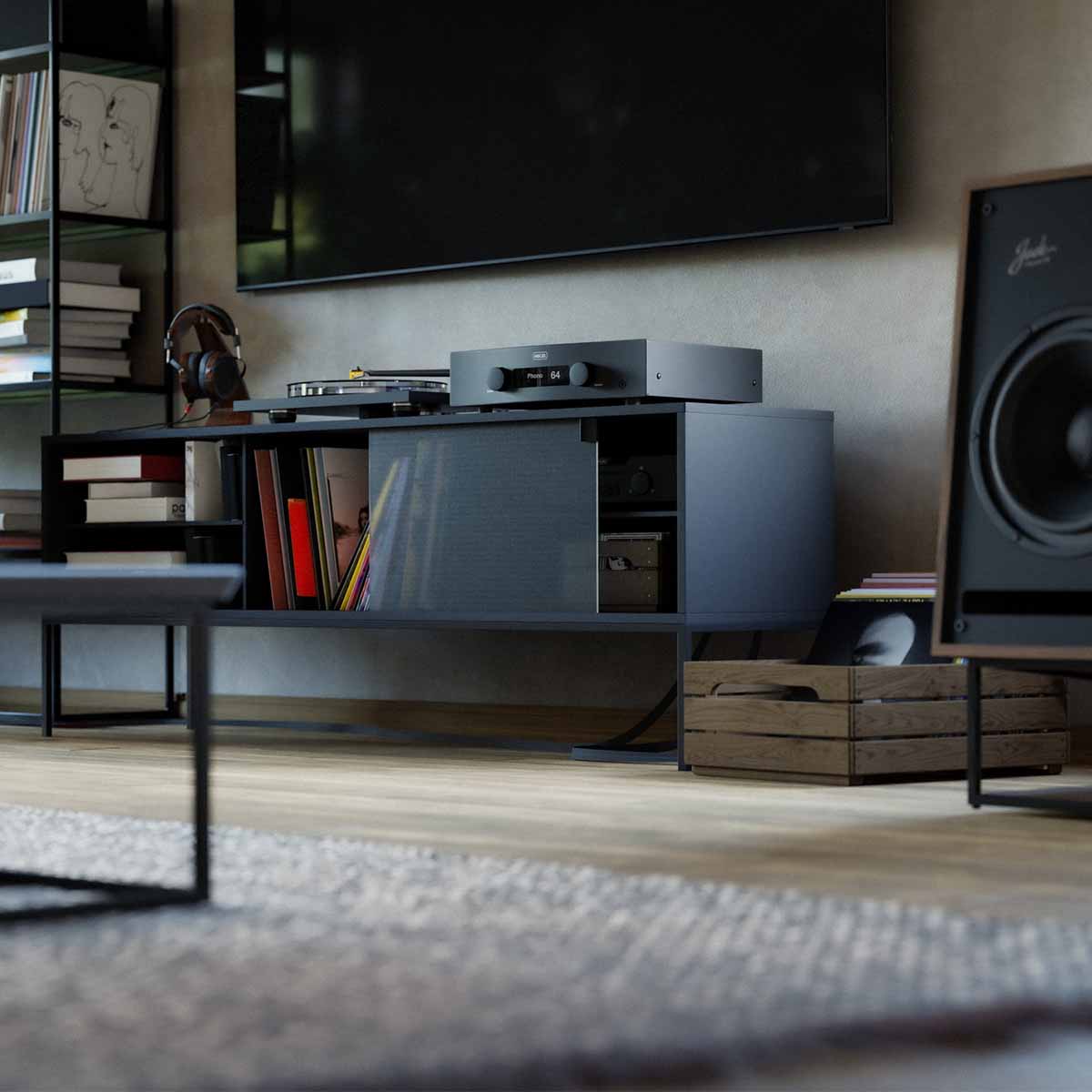 Hegel H190v Integrated Amplifier - black - front view angled right lifestyle shot of unit on cabinet