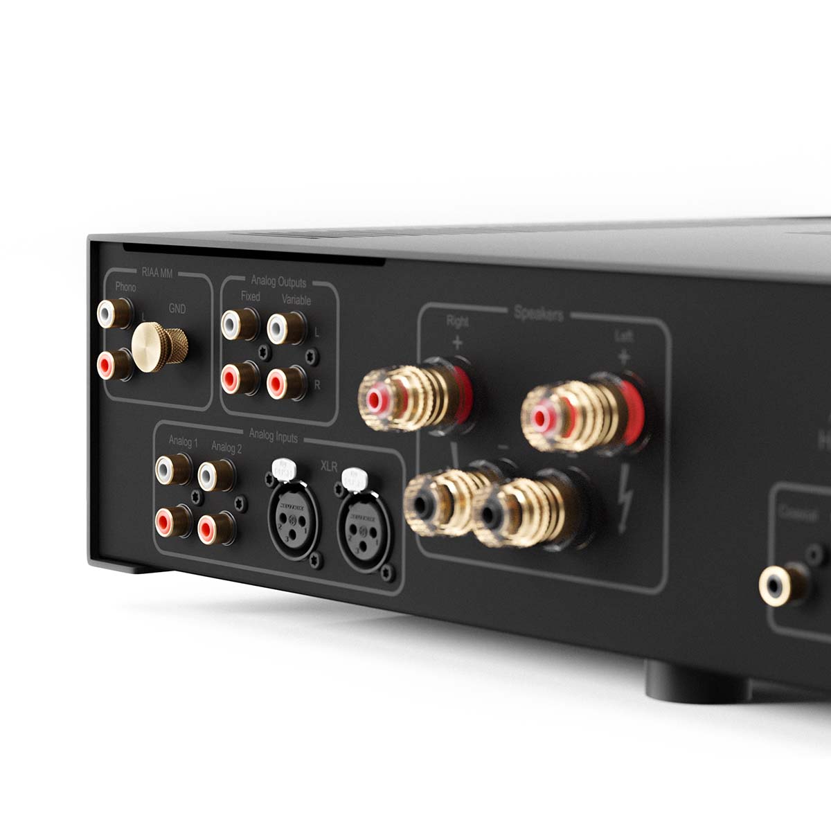 Hegel H190v Integrated Amplifier - black -close-up detail view of left side of rear panel angled left