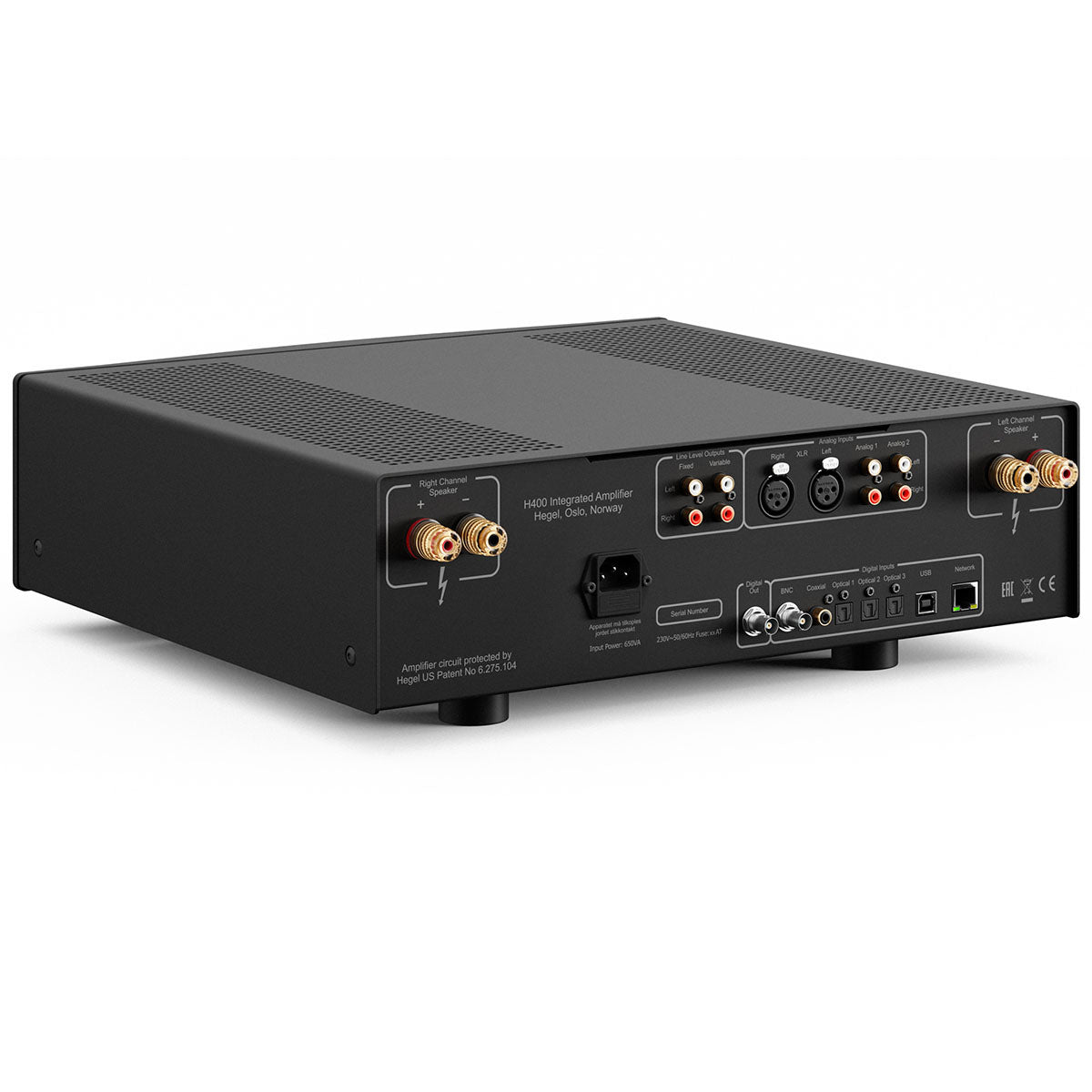 Hegel H400 Integrated Amplifier back view angled right