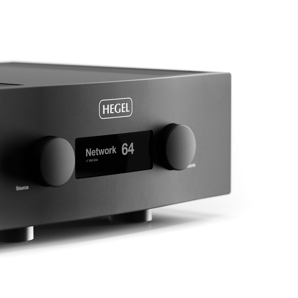 Hegel H600 Integrated Amplifier front view angled right close-up of right side