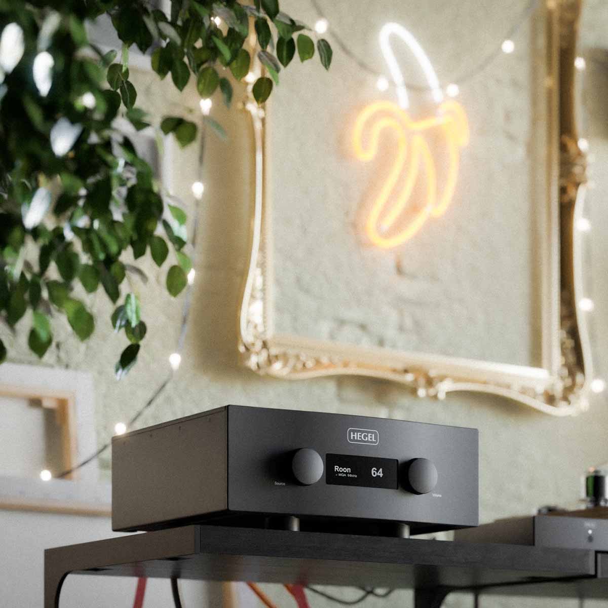 Hegel H600 Integrated Amplifier back view angled right lifestyle shot of unit on shelf