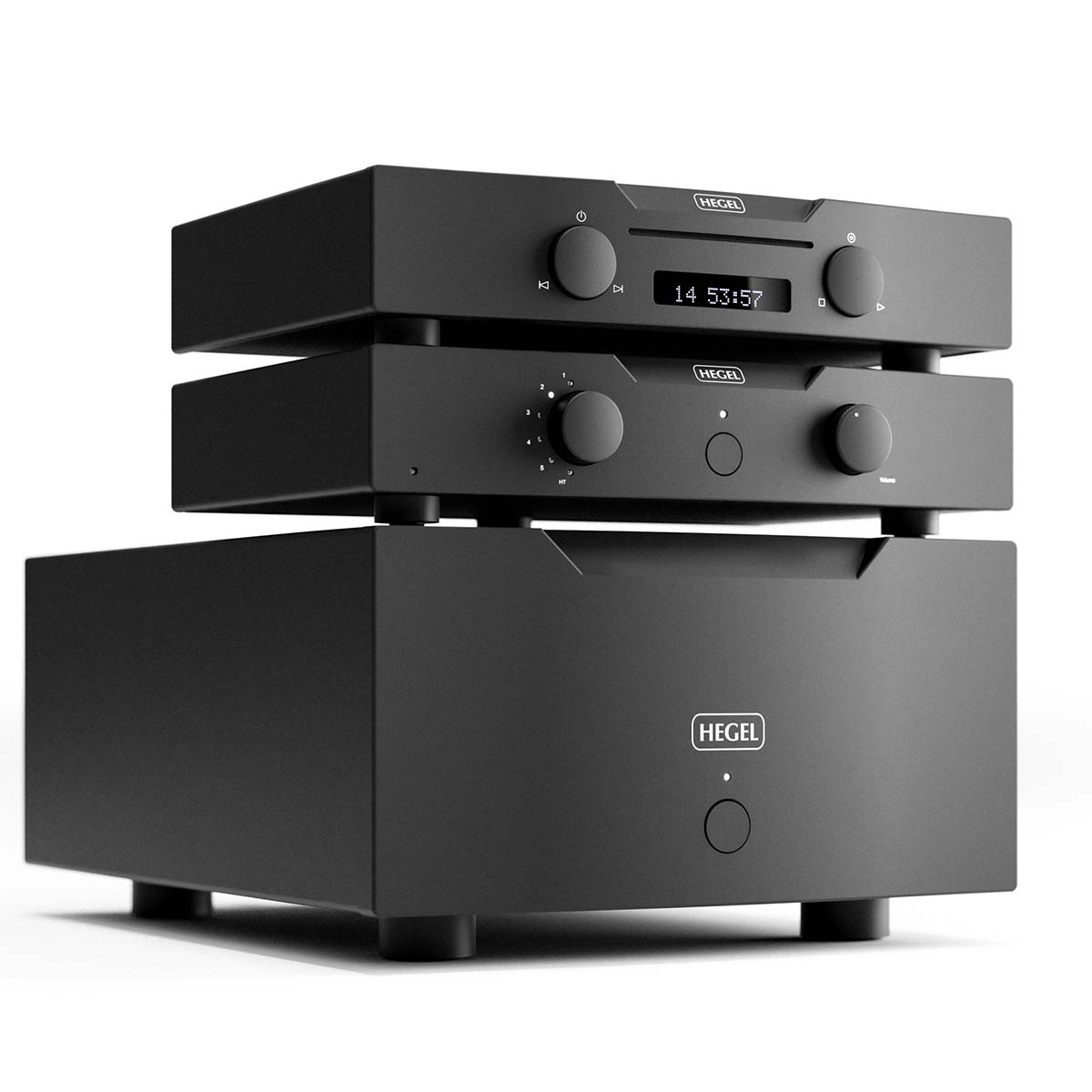 Hegel Viking CD Player front view angled right stacked on top of power amp and preamp