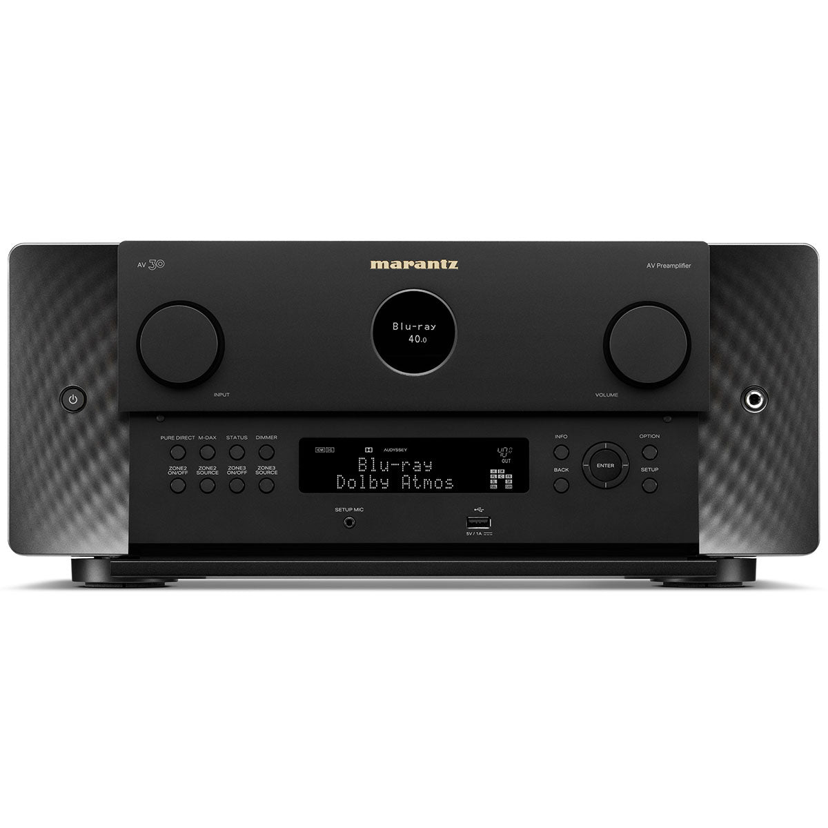 Marantz AV 30 HEOS Reference 11.4-Channel Balanced AV Preamplifier - front view with front panel open revealing display and buttons