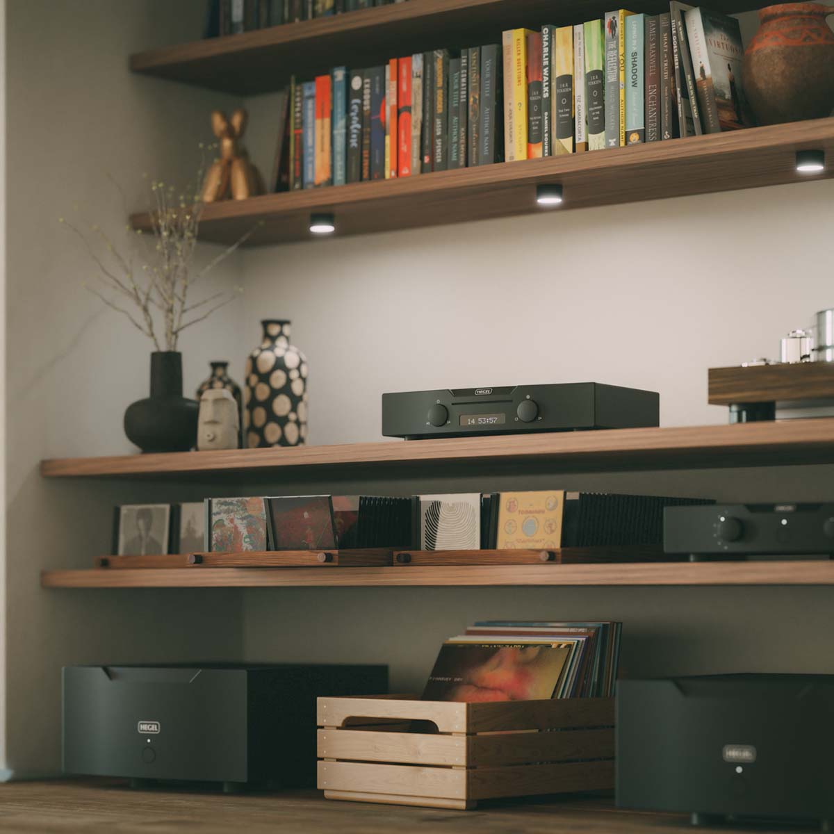 Hegel Viking CD Player front view angled right lifestyle shot of unit on shelf