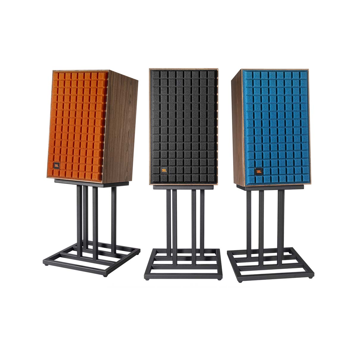 JBL L82 Classic MkII Bookshelf Speakers - three speakers on separately-sold stands, front view, orange grille to left, black grille center, blue grille to right