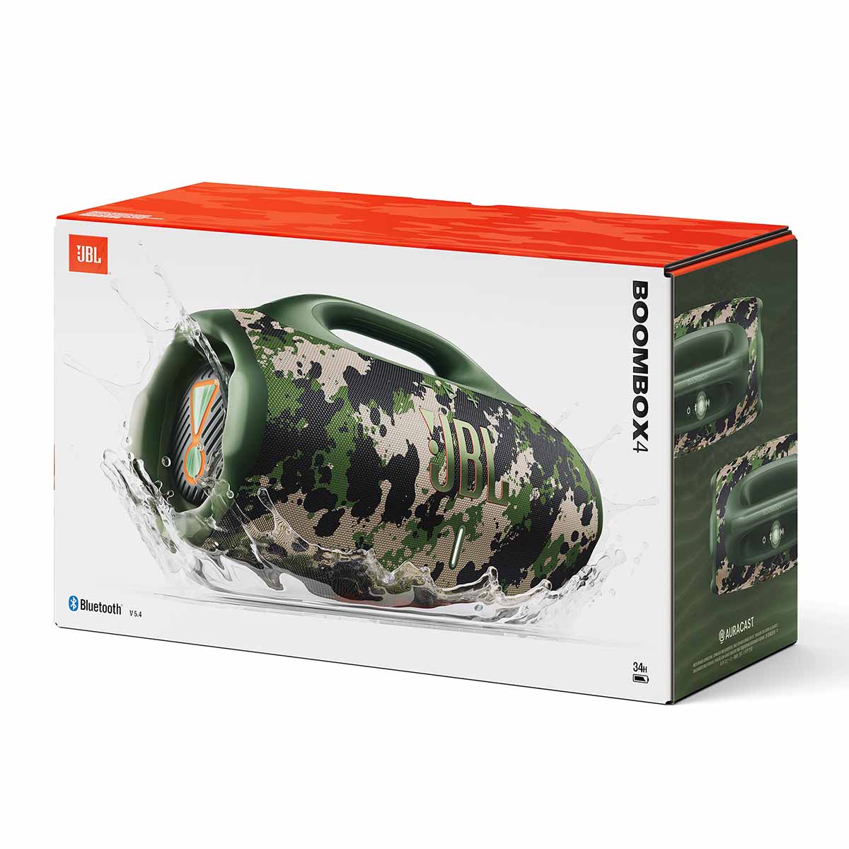 JBL Boombox 4 Portable Bluetooth Speaker - camouflage - outer box front view angled right