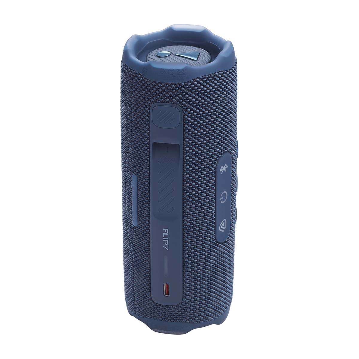 JBL Flip 7 Waterproof Bluetooth Speaker - Blue - vertical side and top view showing buttons