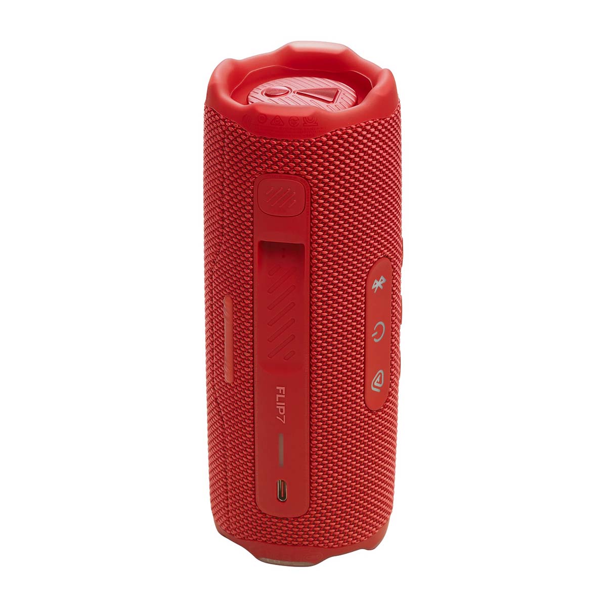 JBL Flip 7 Waterproof Bluetooth Speaker - Red - vertical side and top view showing buttons