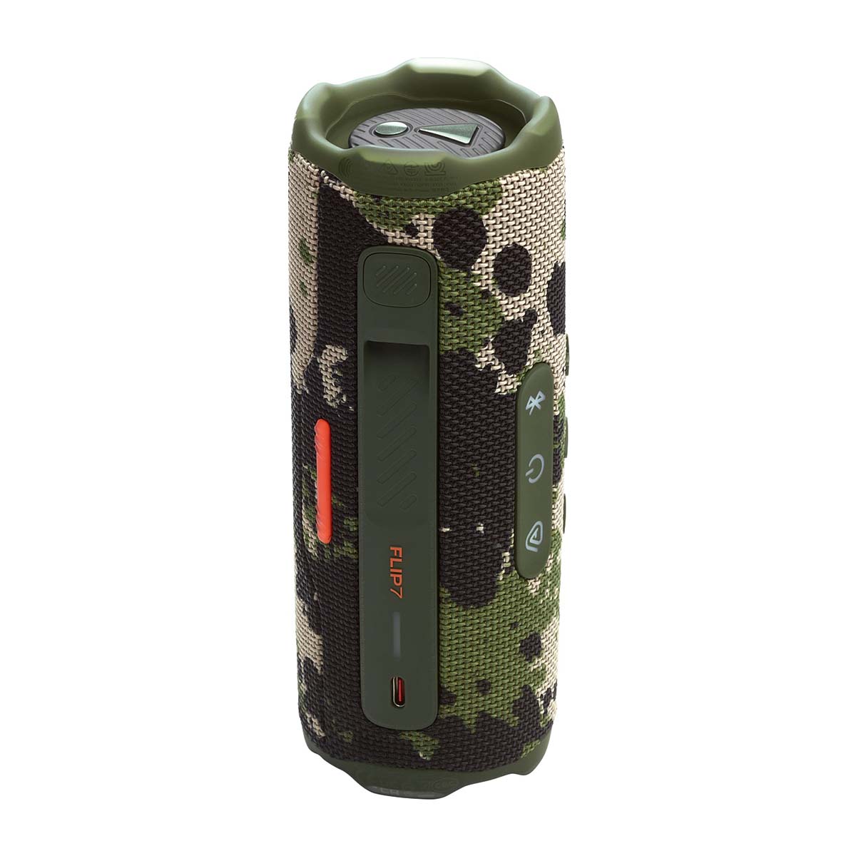 JBL Flip 7 Waterproof Bluetooth Speaker - Squad - vertical side and top view showing buttons