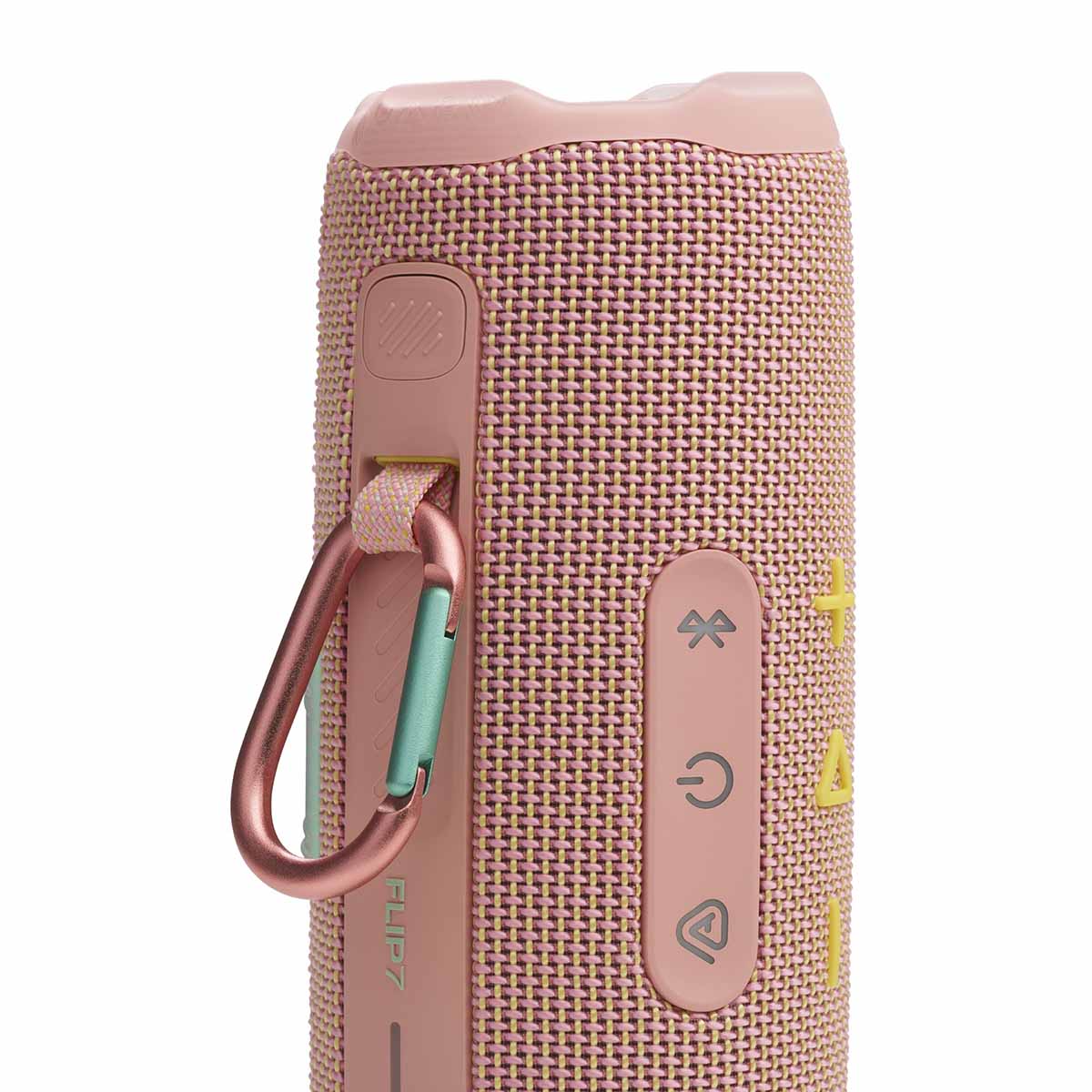 JBL Flip 7 Waterproof Bluetooth Speaker - Pink - vertical detail with carabiner attached