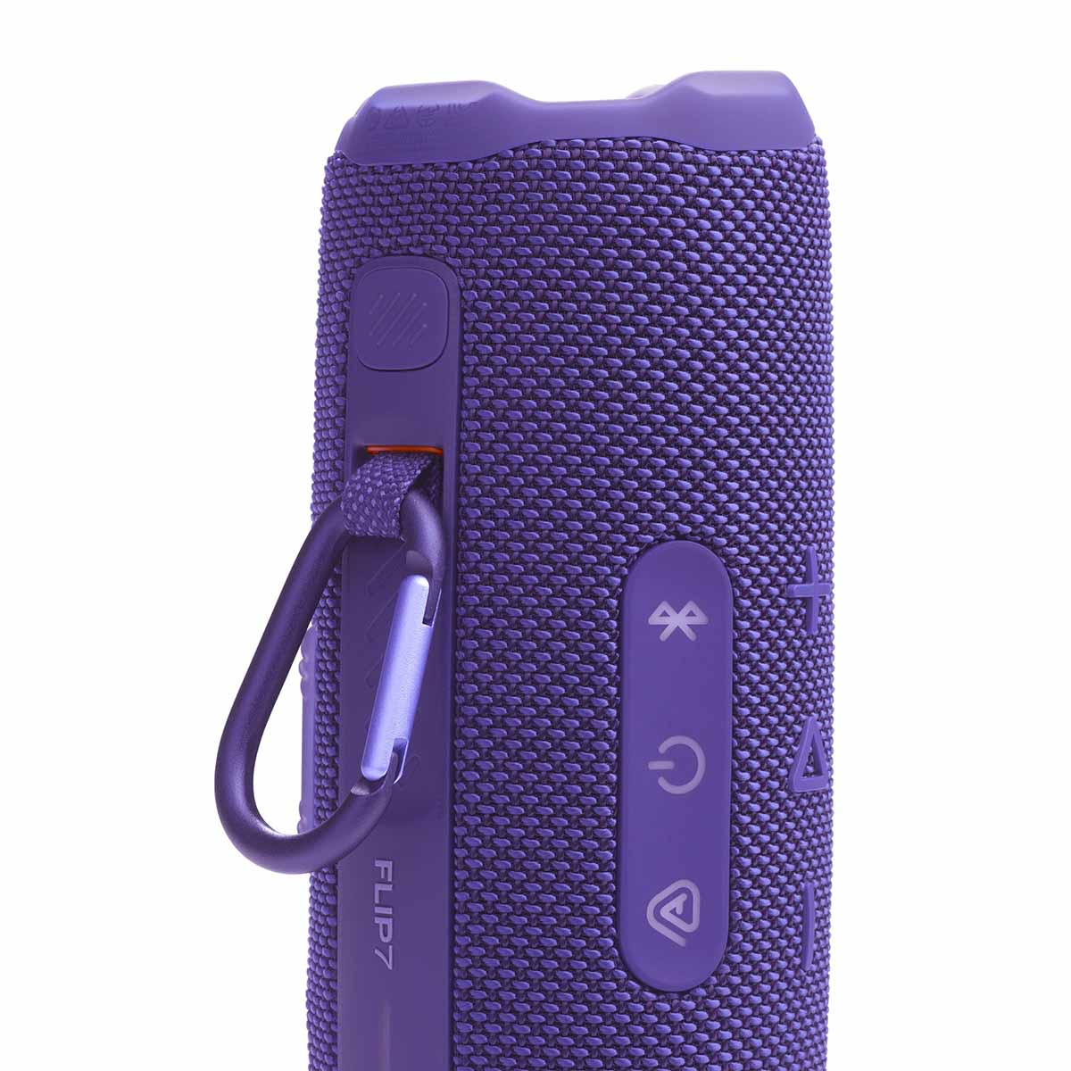 JBL Flip 7 Waterproof Bluetooth Speaker - Purple - vertical detail with carabiner attached