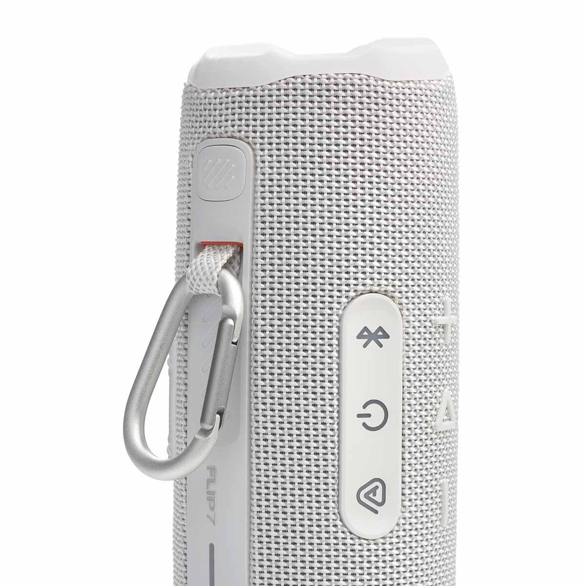 JBL Flip 7 Waterproof Bluetooth Speaker - White - vertical detail with carabiner attached