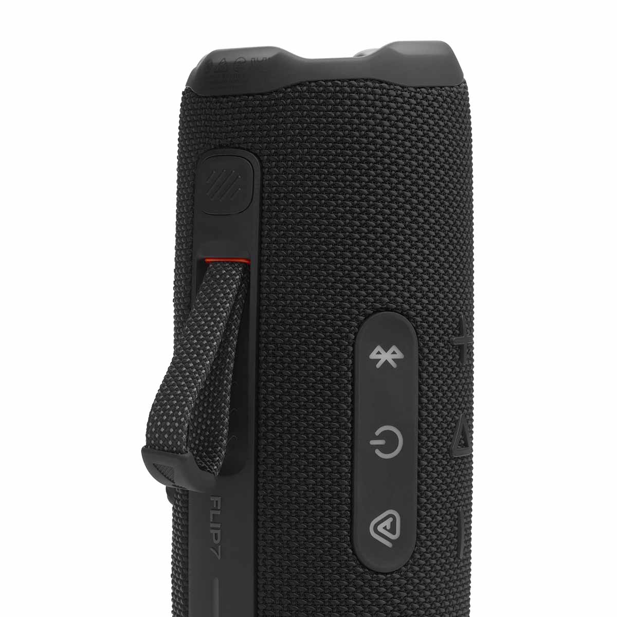 JBL Flip 7 Waterproof Bluetooth Speaker - Black - vertical detail with strap attached