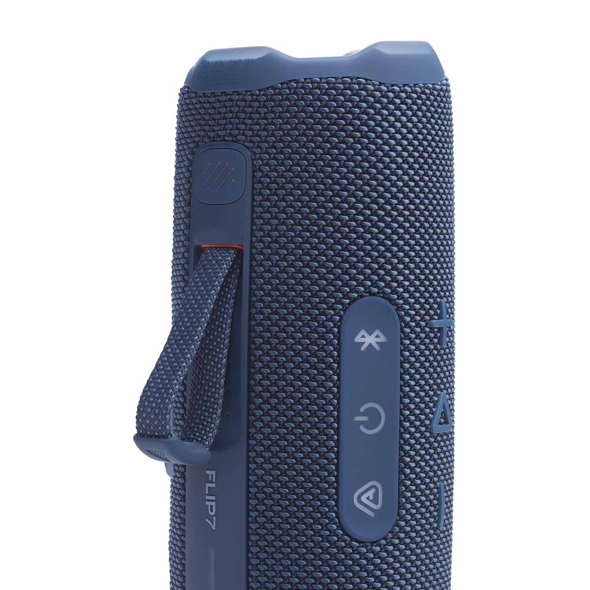 JBL Flip 7 Waterproof Bluetooth Speaker - Blue - vertical detail with strap attached