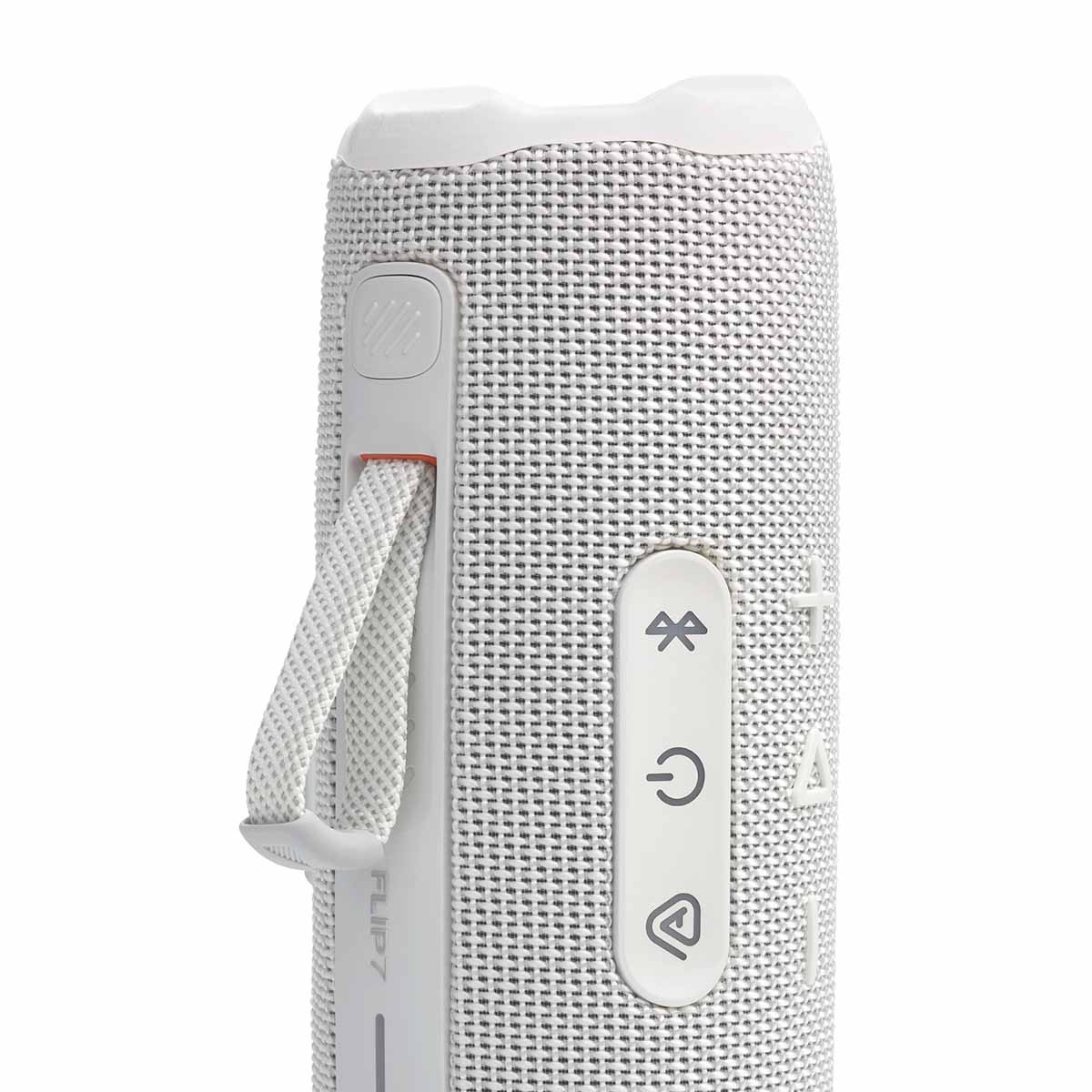 JBL Flip 7 Waterproof Bluetooth Speaker - White - vertical detail with strap attached