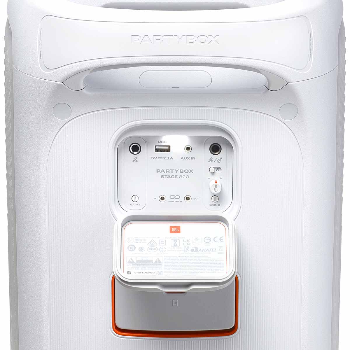 JBL PartyBox Stage 320 Portable Bluetooth Party Speaker - white back panel closeup showing inputs