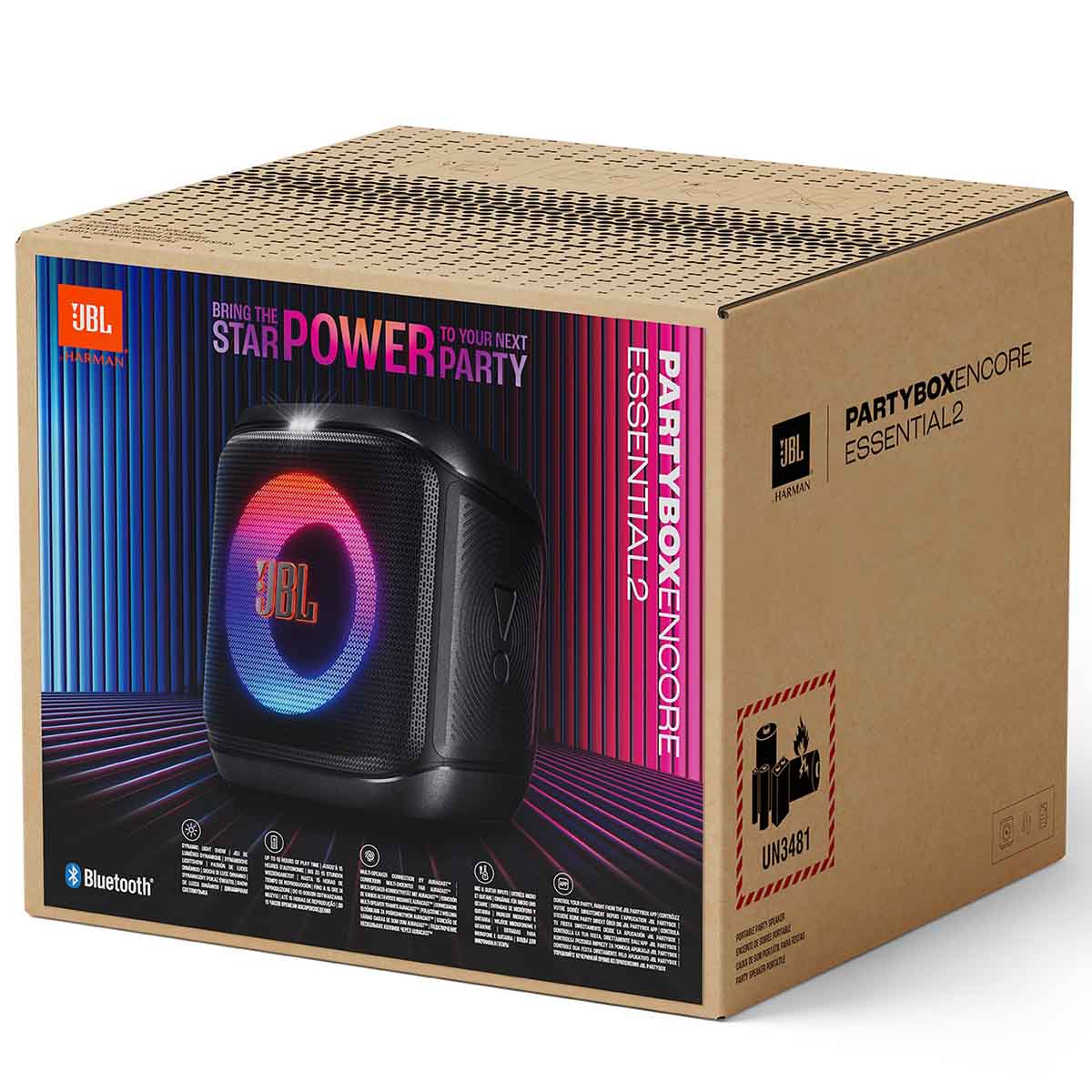 JBL PartyBox Encore Essential 2 Portable Bluetooth Party Speaker outer box angled left