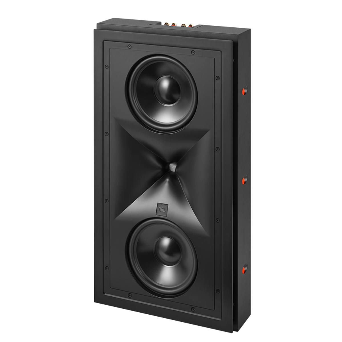 Front Angle and with grilles off of a JBL Synthesis SCL-4XL 2-Way Dual 8-Inch In-Wall Loudspeaker
