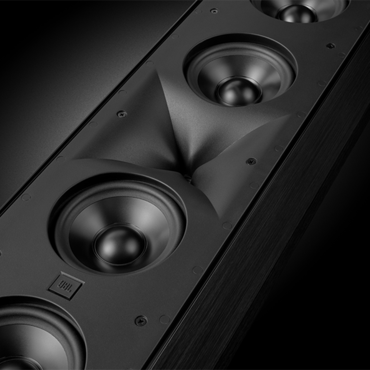 Close up view of JBL Synthesis SCL-9XL 2.5-Way Quad 5.25-Inch On-Wall Loudspeaker's horns and woofers