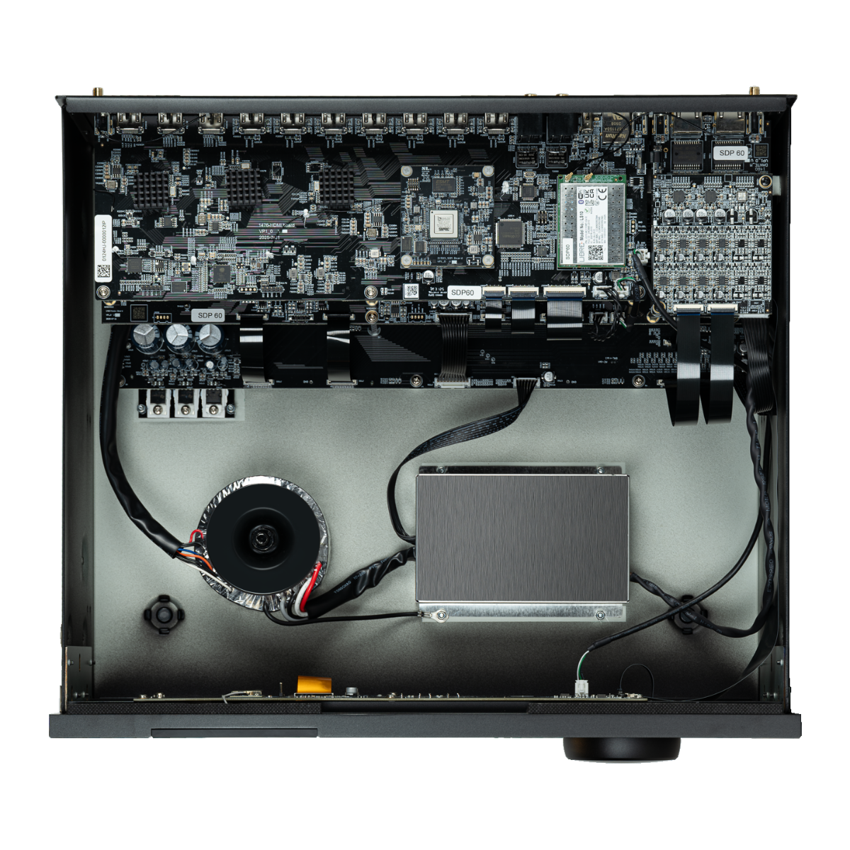 Back panel of a high-end audio equipment with various connectors on a white background