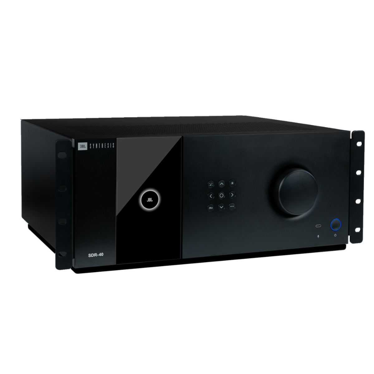 Black JBL Synthesis SDR-40 16-Channel Audio Video Receiver with a sleek design on a white background