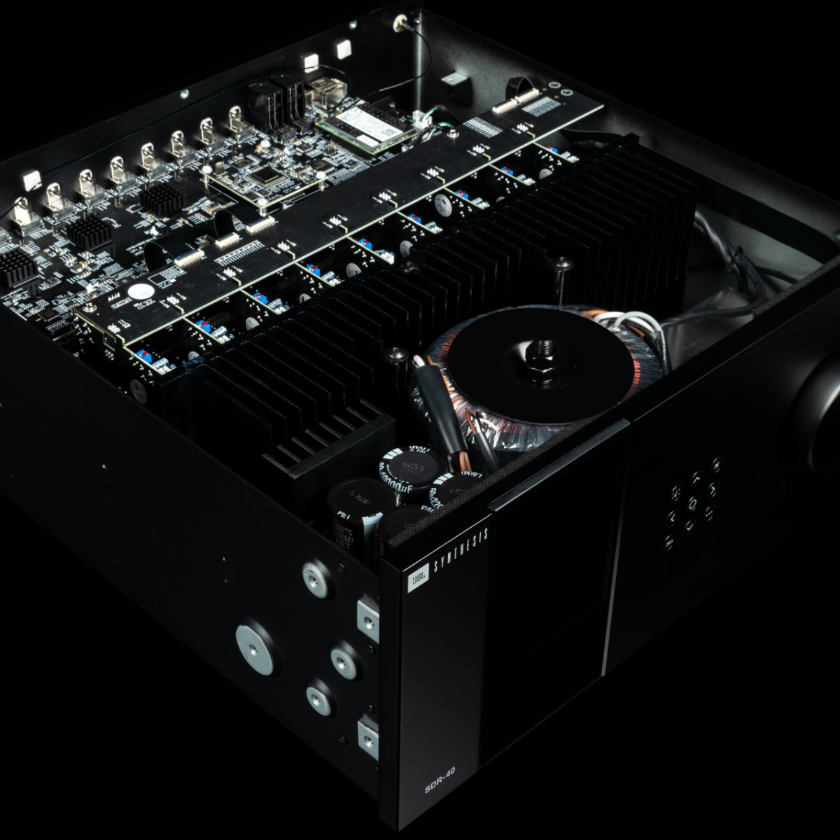 Close-up of a high-end audio amplifier with intricate components.