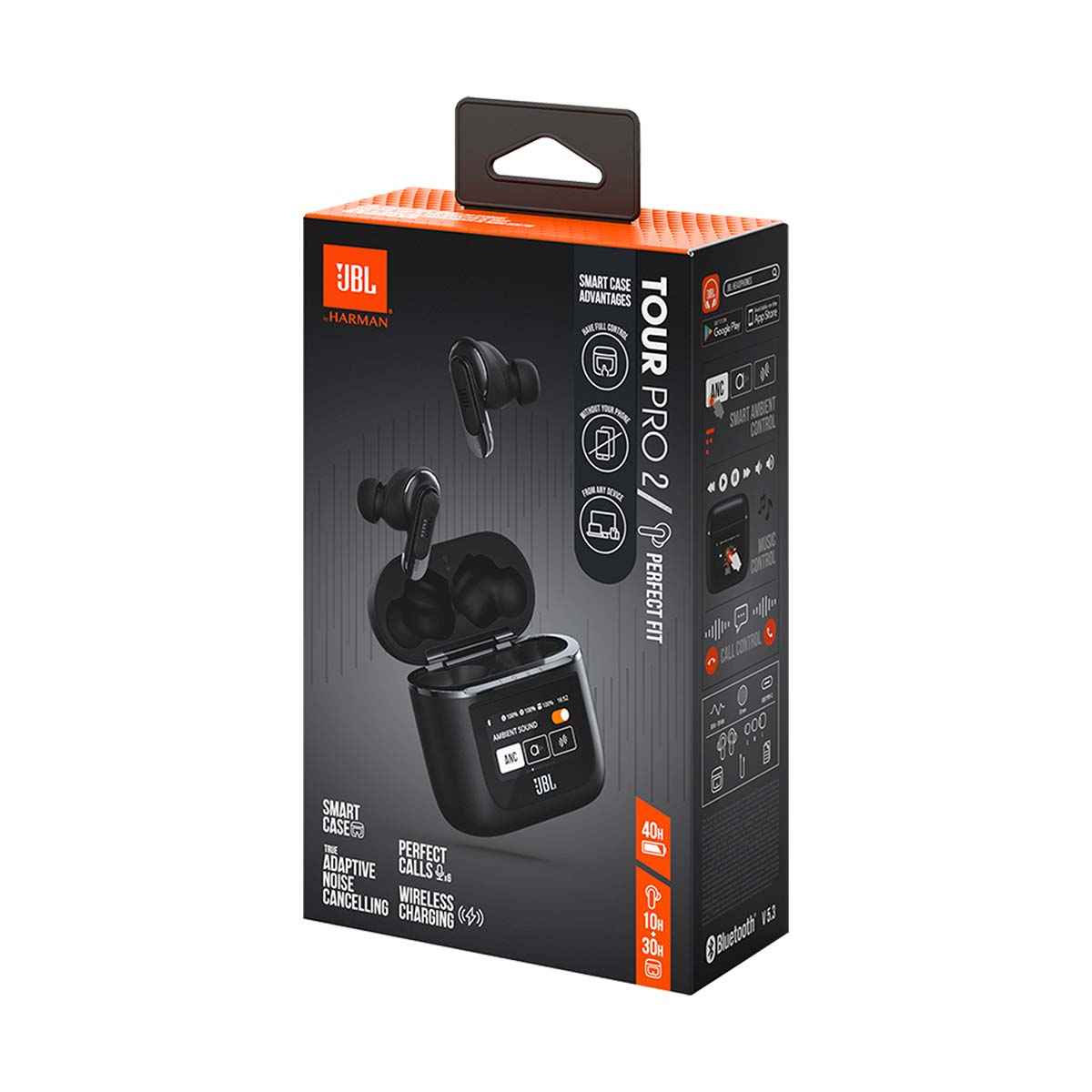 JBL Tour Pro 2 True Wireless Noise Cancelling Earbuds - black product box front view angled left