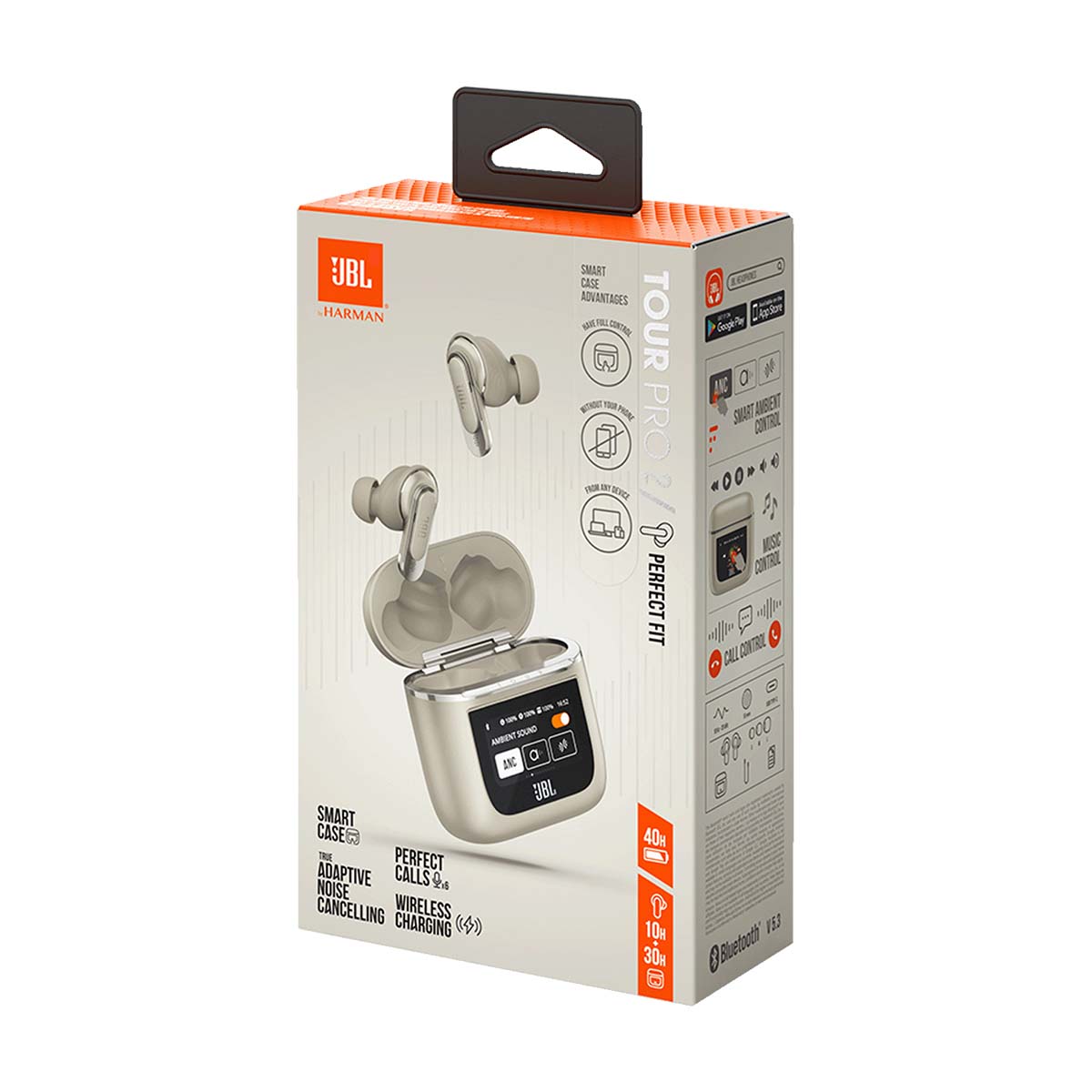 JBL Tour Pro 2 True Wireless Noise Cancelling Earbuds - champagne product box front view angled left