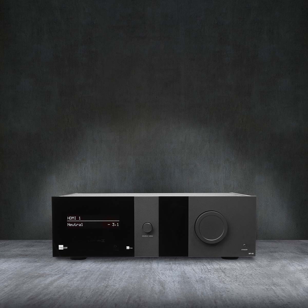 Lyngdorf MP-60 2.1 Flagship Surround Processor front view of unit with dark gray background