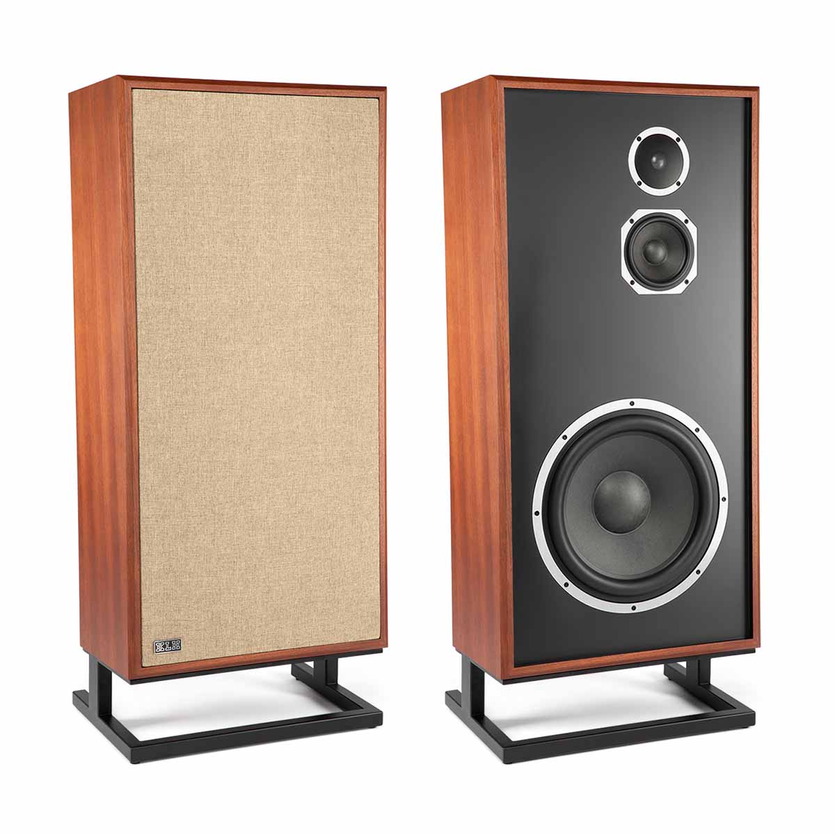 KLH Model Seven Loudspeakers - mahogany PAIR - angled front view of one with grille and one without