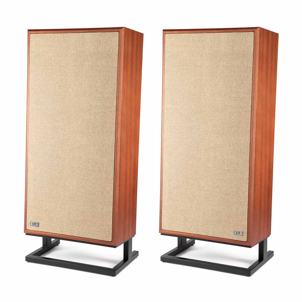 KLH Model Seven Loudspeakers - mahogany PAIR - angled front view with grilles