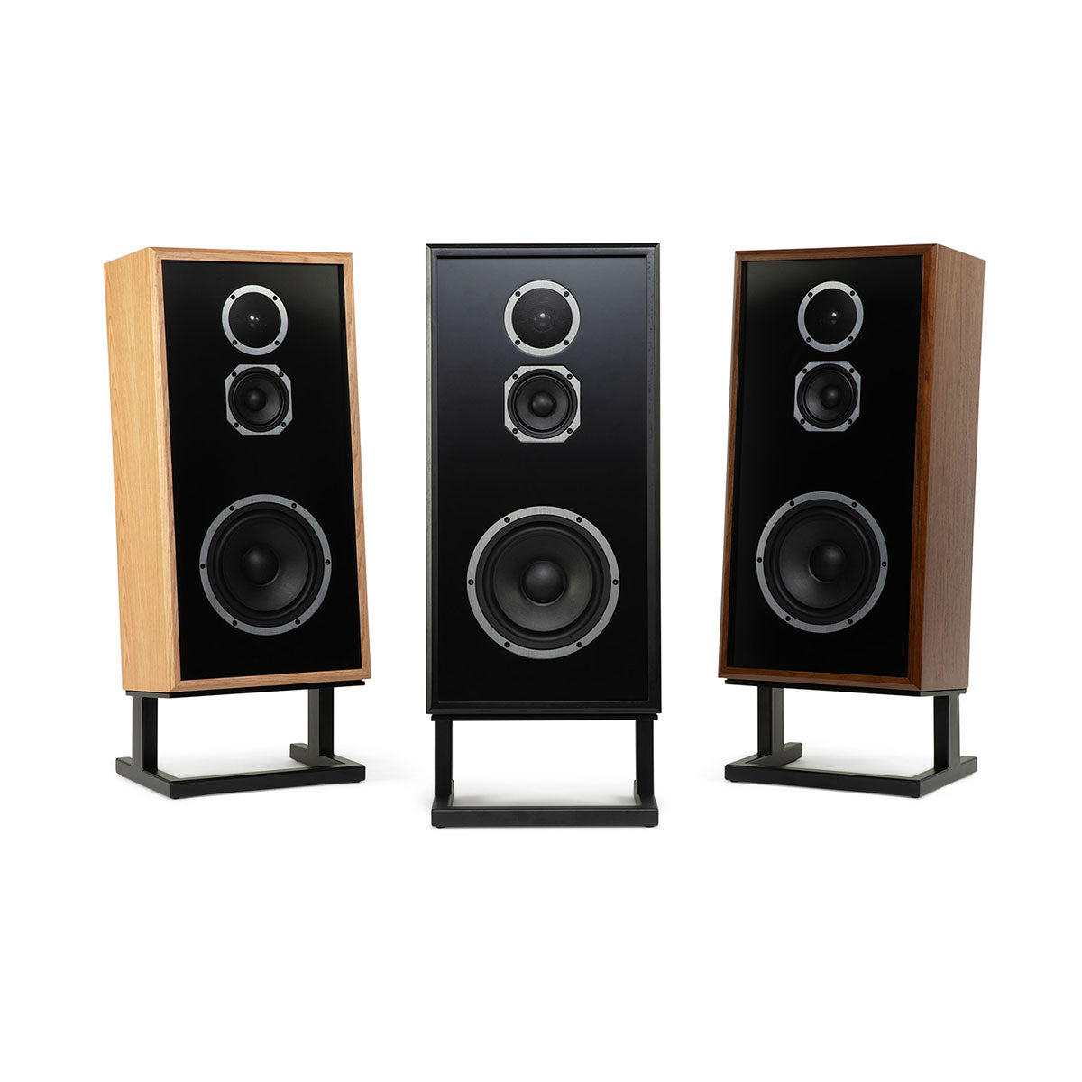 KLH Model Four Loudspeakers lineup - one speaker of each finish without grilles
