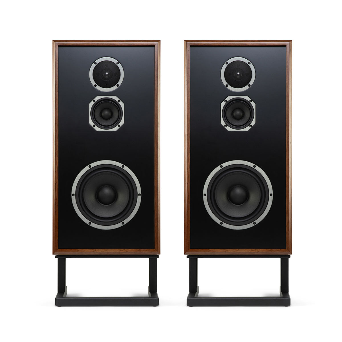 KLH Model Four Loudspeakers - walnut pair without grilles - front view
