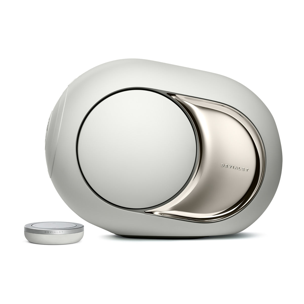 Devialet Phantom Ultimate 108 dB High-End Connected Speaker - Light Pearl - facing left with remote to left
