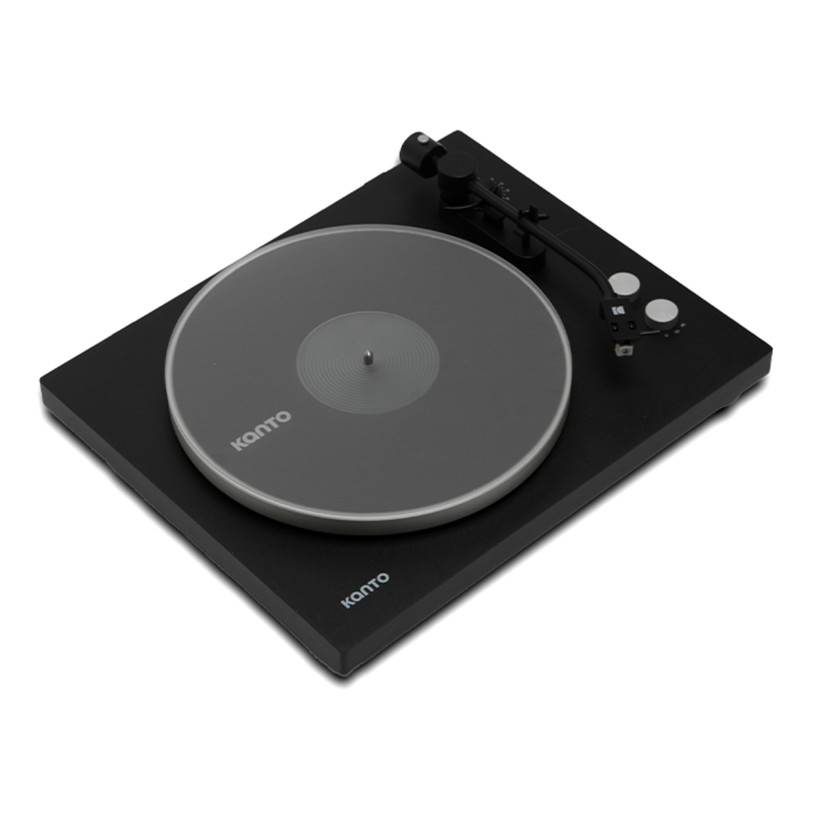 A KANTO turntable with a matte black plinth and a dark gray vinyl record, shown from an elevated angle on a white background.