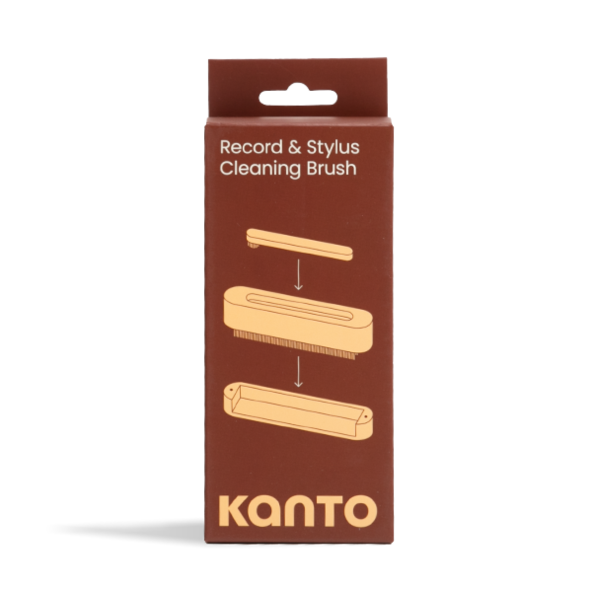 Kanto Record & Stylus Cleaning Brush retail packaging box, featuring a dark brown background with a light beige illustration of the brush and the Kanto brand name at the bottom.