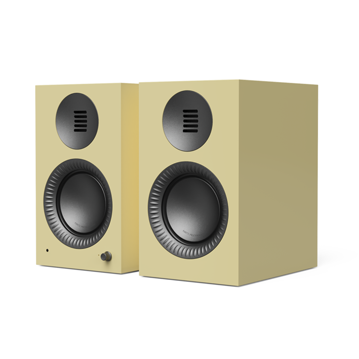 A pair of gloss yellow Kanto TUK Gen 2 260W Premium Powered Speaker System with black drivers and a small silver control knob, shown on a clean white background.