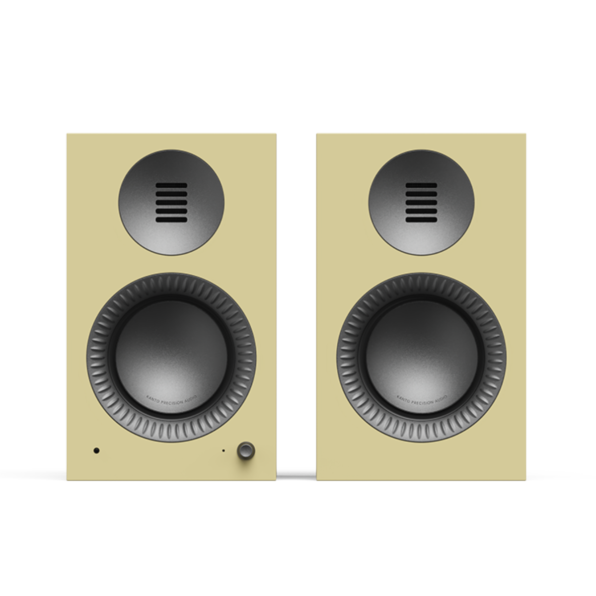 Pair of gloss yellow Kanto TUK Gen 2 260W Premium Powered Speaker System with black grilles on a white background