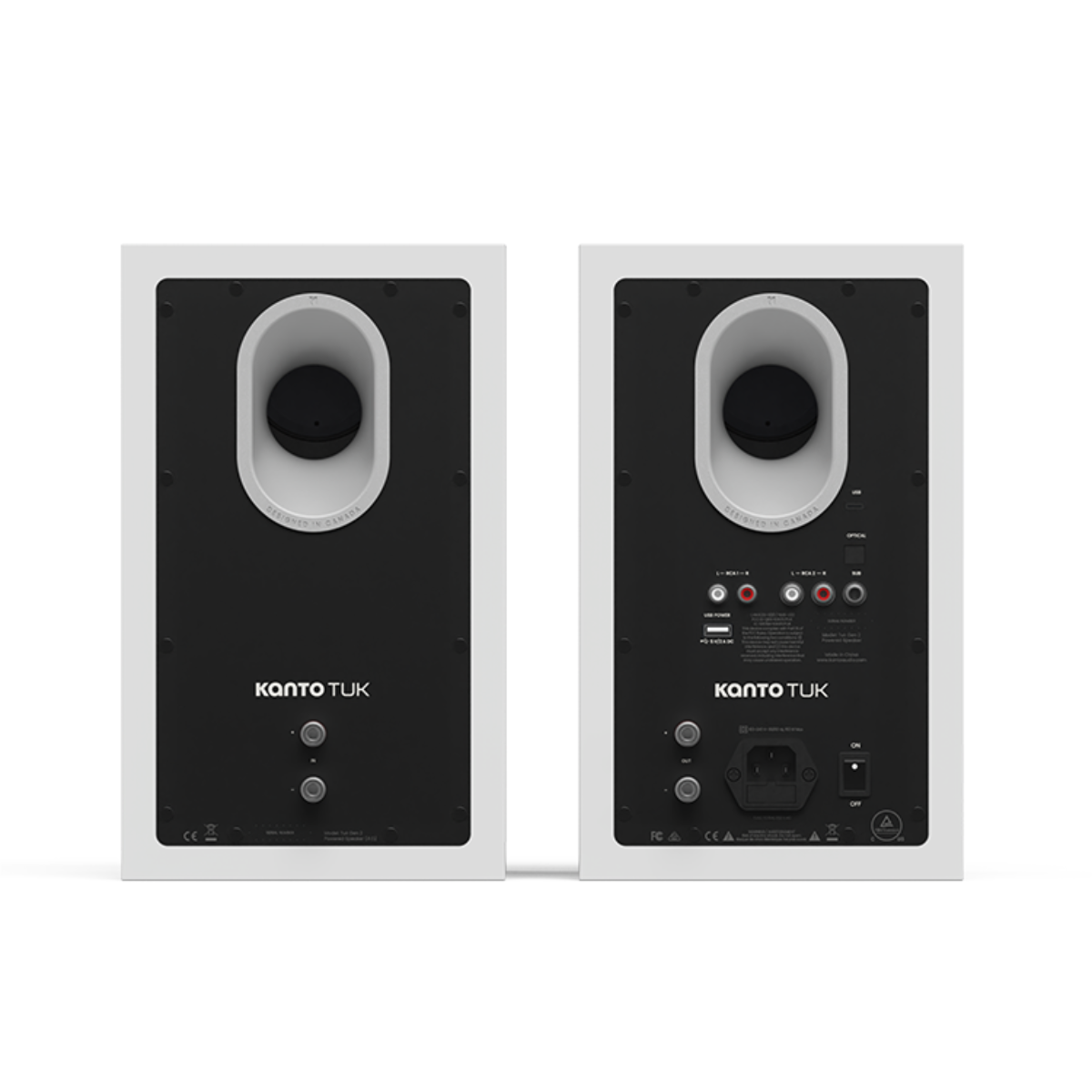 Front and back views of a pair of Kanto TUK Gen 2 260W Premium Powered Speaker System on a clean white background.