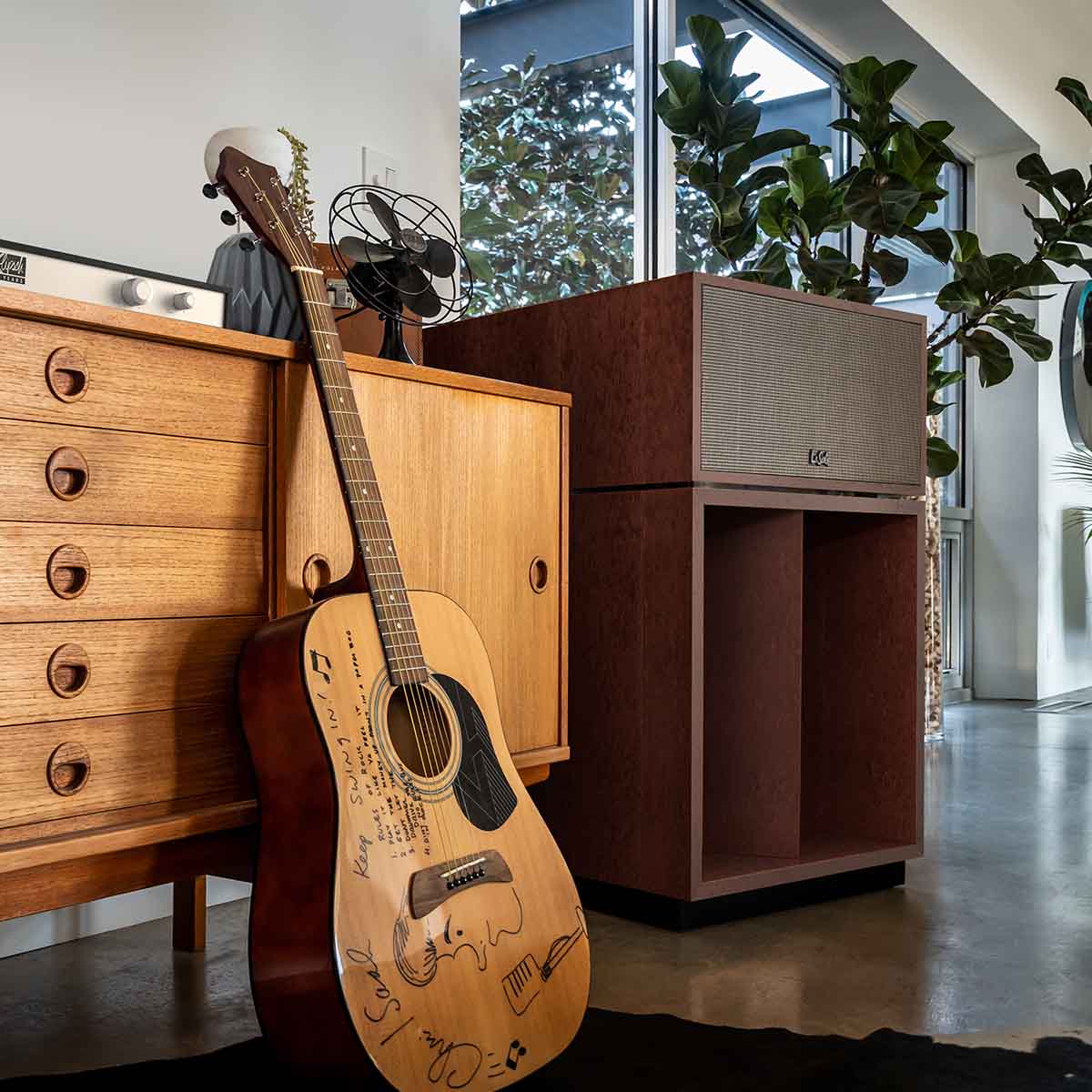 Klipsch La Scala AL6 3-Way Fully Horn-Loaded Loudspeaker - American Auburn - lifestyle shot front view with signed guitar in foreground