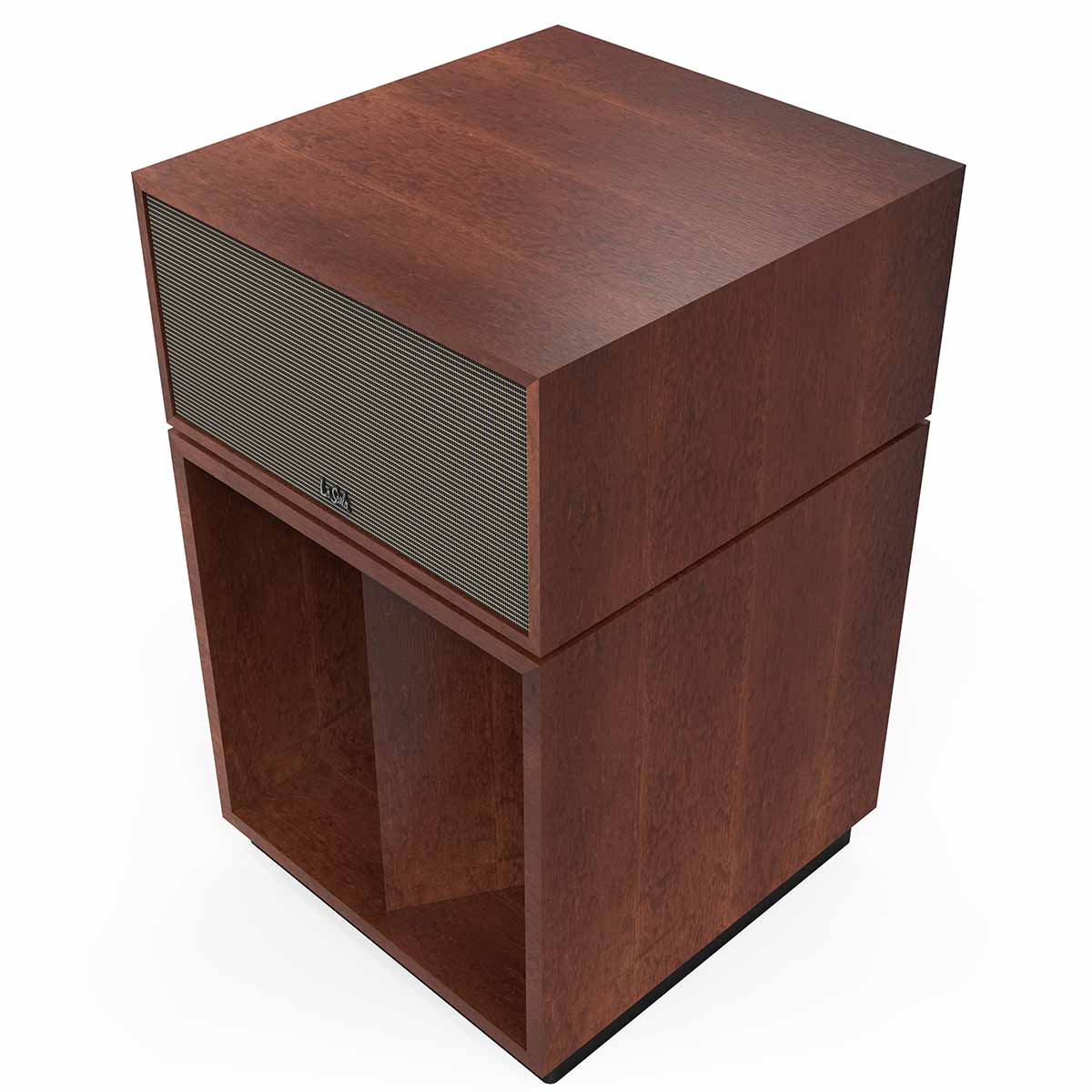 Klipsch La Scala AL6 3-Way Fully Horn-Loaded Loudspeaker - American Auburn - front top and side view with grille angled left