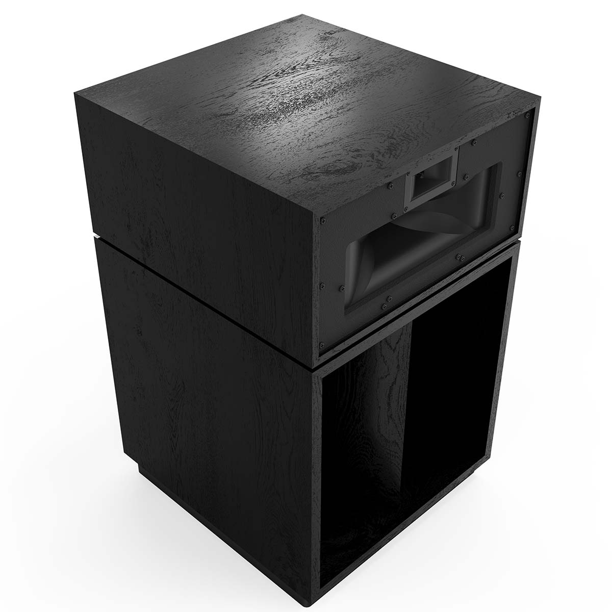 Klipsch La Scala AL6 3-Way Fully Horn-Loaded Loudspeaker - Black Ash - front top and side view without grille angled right