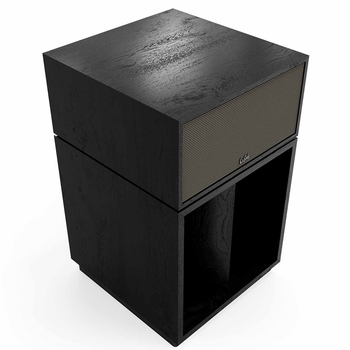 Klipsch La Scala AL6 3-Way Fully Horn-Loaded Loudspeaker - Black Ash - front top and side view with grille angled right