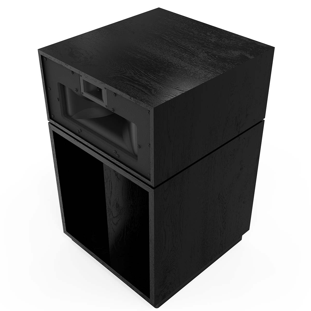 Klipsch La Scala AL6 3-Way Fully Horn-Loaded Loudspeaker - Black Ash - front top and side view without grille angled left