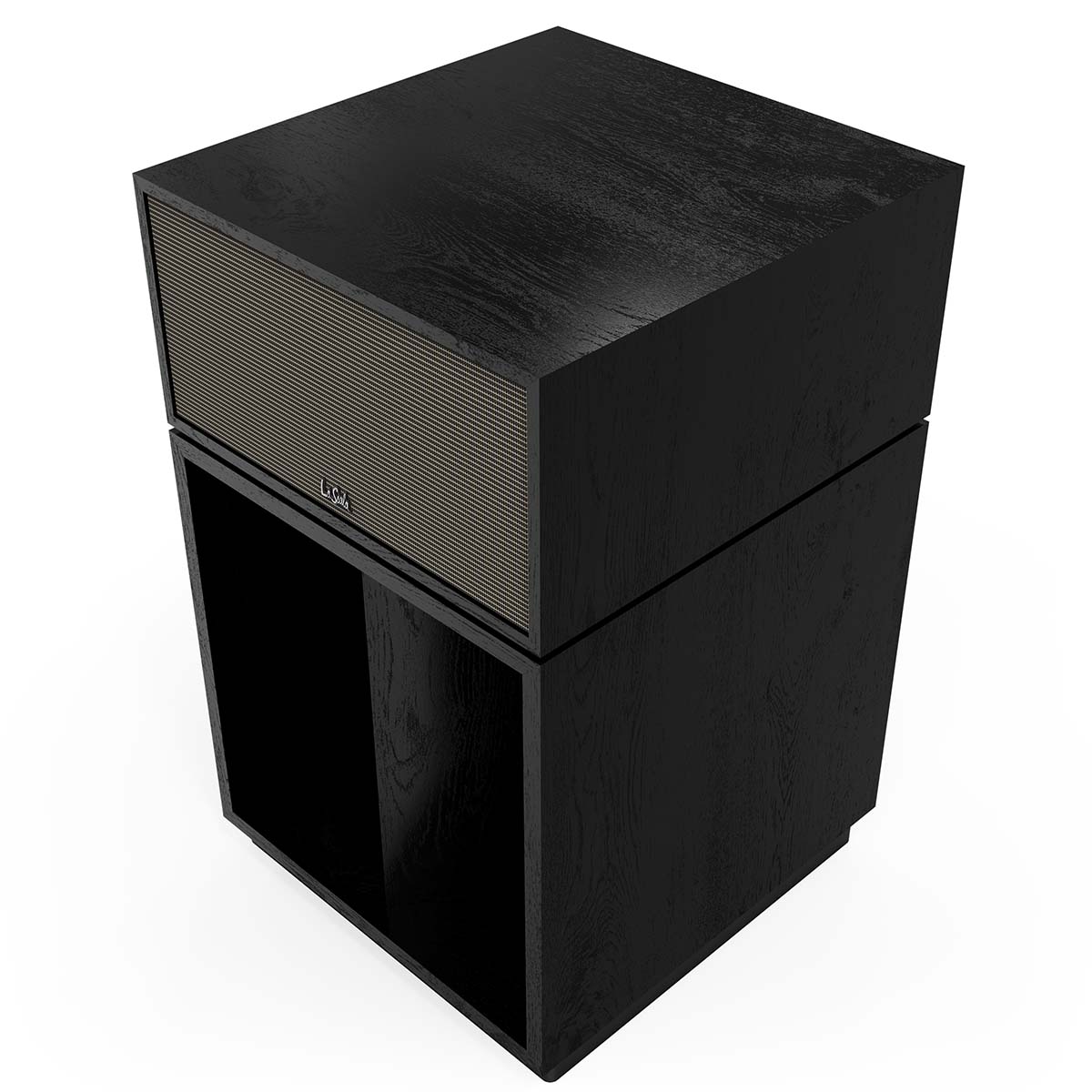 Klipsch La Scala AL6 3-Way Fully Horn-Loaded Loudspeaker - Black Ash - front top and side view with grille angled left