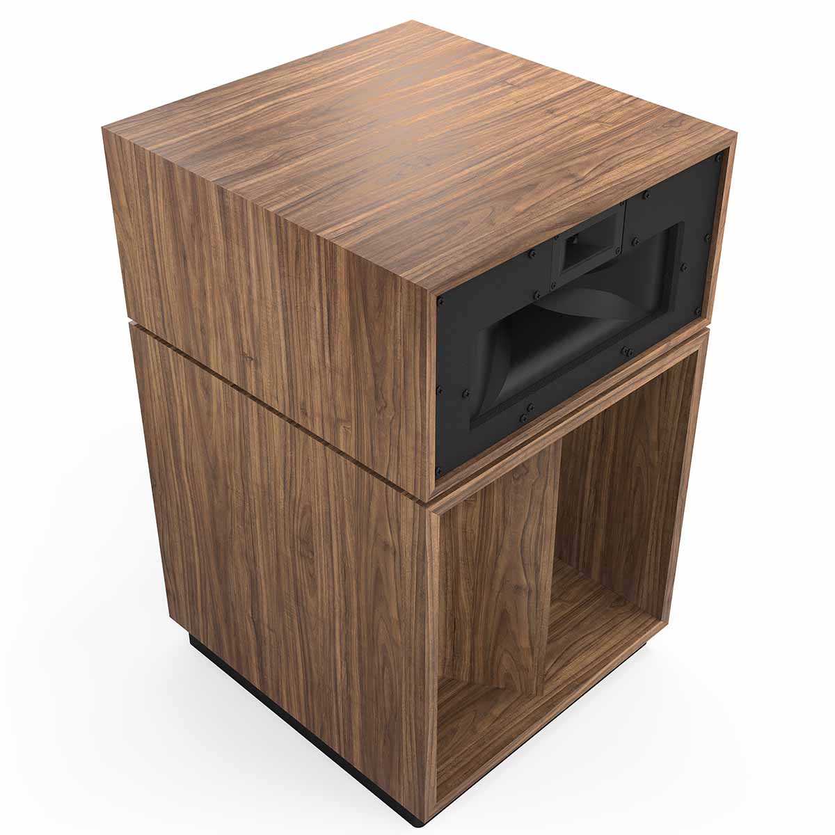 Klipsch La Scala AL6 3-Way Fully Horn-Loaded Loudspeaker - American Walnut - front top and side view without grille angled right