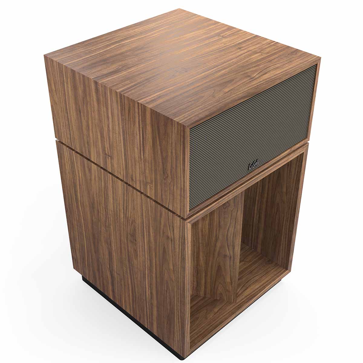 Klipsch La Scala AL6 3-Way Fully Horn-Loaded Loudspeaker - American Walnut - front top and side view with grille angled right